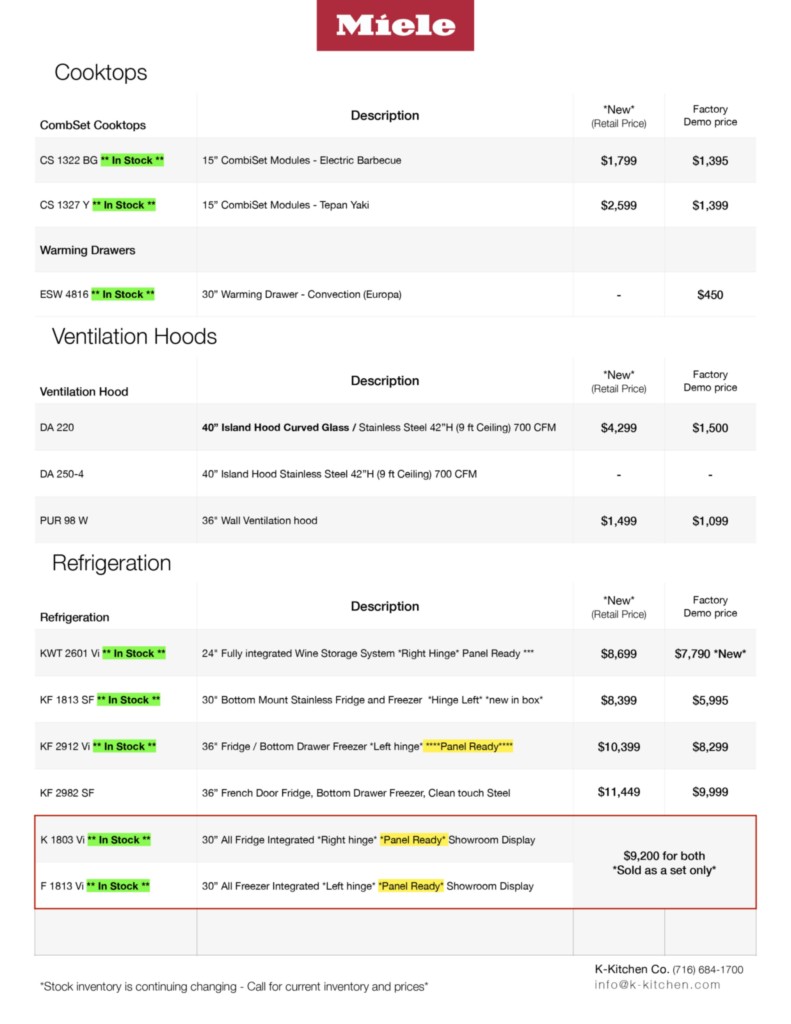 Miele Appliance Demo List